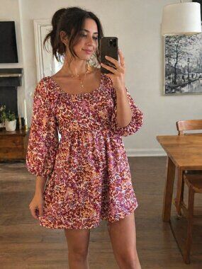 Gilli Floral Peasant Dress XS | Boho Cottagecore Smocked Mini Dress Puff Sleeve